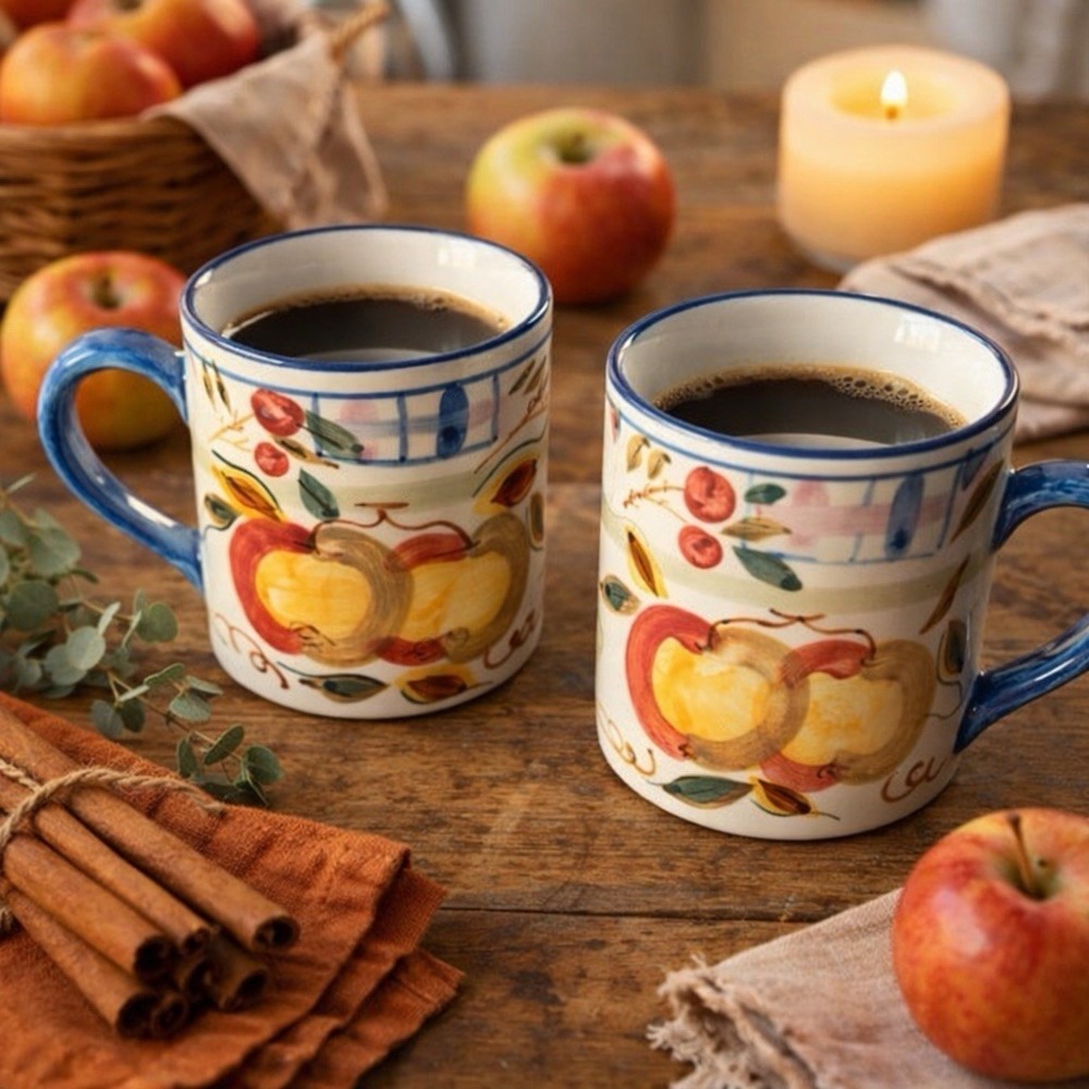 Royal Norfolk RNF60 Apple Coffee Mugs Set of 2 Country Farmhouse Fruit Pattern